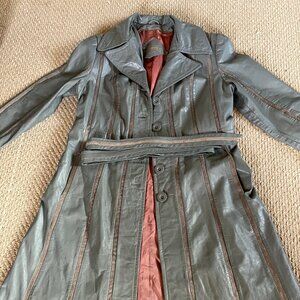 Vintage 70s-80s Gray Leather Trench Coat, The Tannery by Montgomery Ward, Medium